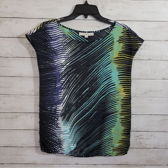 LOFT Tropical Peacock Palm Leaves Abstract Short Cap Sleeve Striped Top Blouse S - Picture 1 of 8